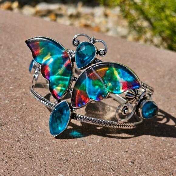 Dichroic Glass & Sky Blue Topaz Butterfly Cuff Bracelet – S925 Sterling Silver - Picture 1 of 14